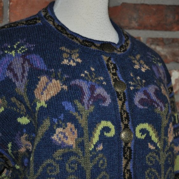 Coldwater Creek Floral Shetland Wool KNIT Cardigan SWEATER METAL BUTTONS Coat Sm - Picture 2 of 7